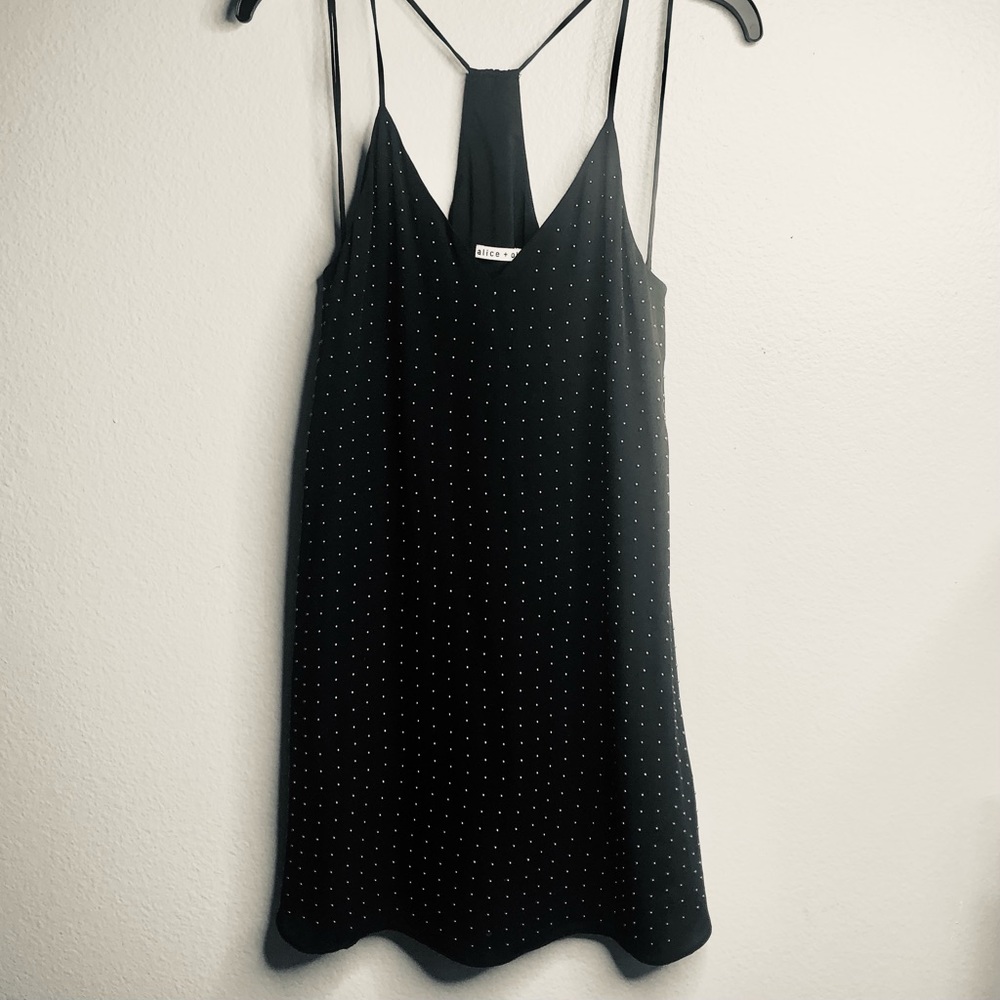 🇺🇸 Alice + Olivia Black Spaghetti Strap Mini Dress W/Silver Embezzlement’s. Sz 2